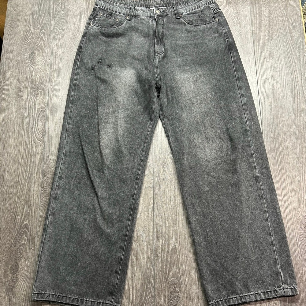 DRMERS CLUB Mens Wide Leg Distressed Jeans Washed Black Size XL Relaxed Fit